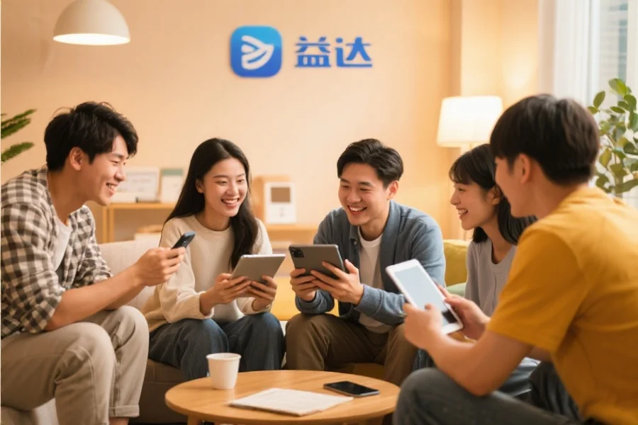 一群年轻用户围坐在一起，使用平板和手机愉快地交流，背景温馨现代，象征意昂2应用的社区活跃氛围